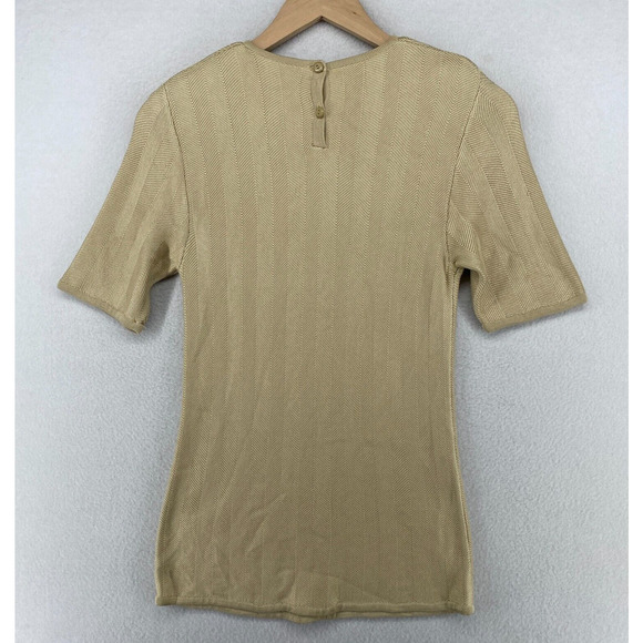 CARLISLE SPORT Sweater M Silk Herringbone Round Neck Short Sleeve Beige HK VTG - Picture 3 of 11